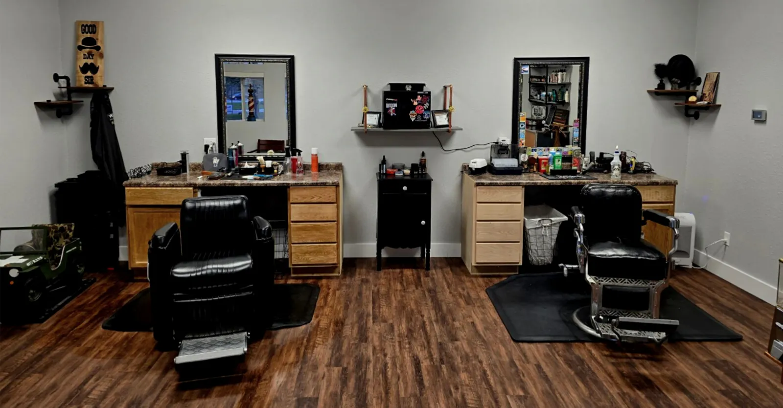Neubauer's Barbershop interior with two barber chairs